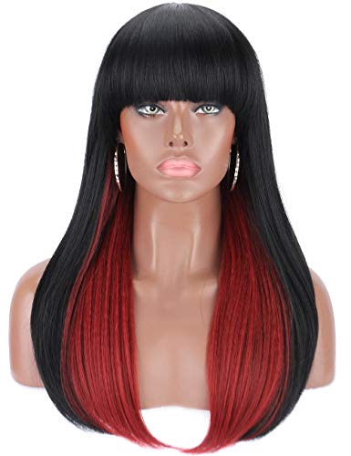 Kalyss 28 Inches Silky Straight Black and Wine Red Synthetic Hair Wigs with Hair Bangs Soft and Natural Luster Full Hair Wigs for Women