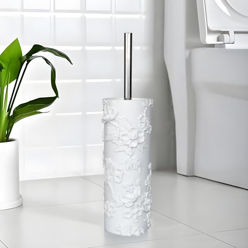Image of White Floral Branches Design Resin Toilet Bowl Brush and Holder Set, Elegant Bathroom Cleaning Tool with Durable Bristles, Compact and Functional