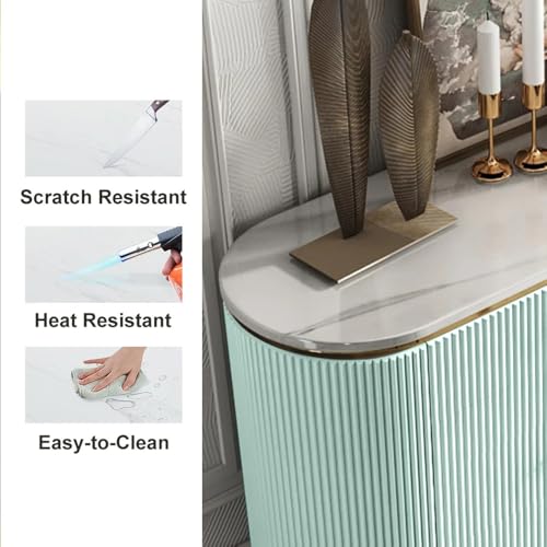 Image of Modern Console Table, 55 x 15 x 30 inch, White Ribbed Design, Marble Top, Gold Accents, 4-Door Storage Cabinet, Waterproof Plywood, PVD-Coated Legs, Elegant Entryway (Sky Blue)