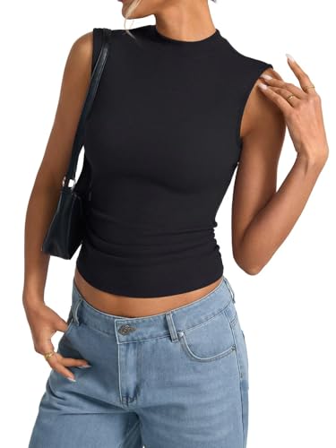 Womens Cotton Ribbed Tank Tops Sleeveless Mock High Neck Top Fitted Basic Summer Cami Shirts Y2K Outfits 20254