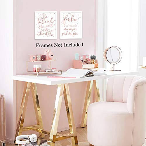 She Believe She Could So She Did-Be Fearless In The Pursuit Of What Sets Your Soul On Fire With Polka Dot Rose Gold Foil Print,Inspirational Quote Cardstock Art Print (Set Of Two,8X10 Inch,Unframed) #TOP1