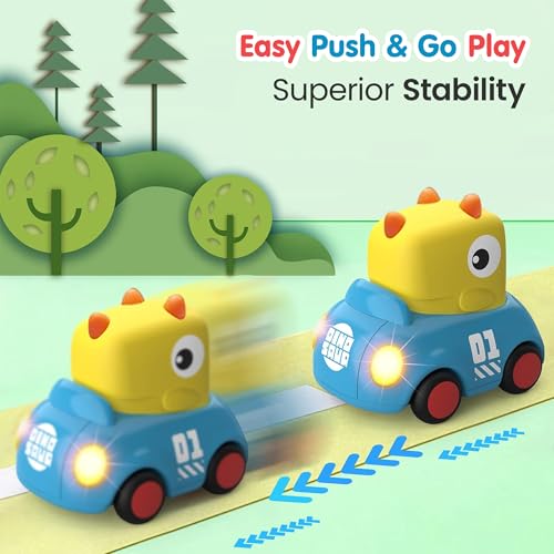 Image of Kidology Dinosaur Car for Toddlers Dinosaur Inertia 12 Months & Above Old Babies with 8 in Built Music Push & Go Friction Car Baby Toys Birthday Gift for Children Pack of 2,Multicolor