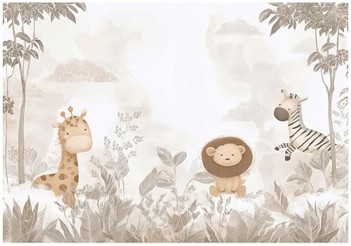 WallArena - Carta da parati fotografica per bambini - giungla 250x175 cm - Carta da parati fotografica - Per la cameretta dei bambini - Effetto 3D - Con adesivo - Animali tropicali beige