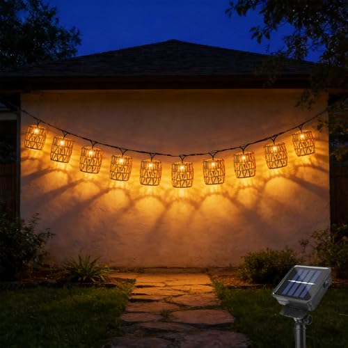Shengruil Guirlande Lumineuse Exterieure Solaire 10 LED,Guirlande Solaire Exterieur,En Rotin LED Blanc Chaud,Pour balcon, jardin, extérieur