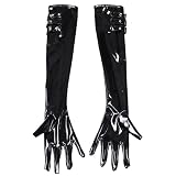 iiniim Damen Glänzende Leder-Optik Handschuhe Sexy Wetlook Handschuhe mit Schnallen Ellenbogenlang Abendhandschuhe für Domina Cosplay Clubwear Nachtclub Schwarz E3XL