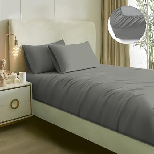 Image of Naksh Japandi Vibes Collection Elastic Fitted Bedsheets King Size 78 x 72 Inch, 210 TC Plain Pure Cotton, Grey | 1 King Size Bedsheet with Elastic Fitted and 2 Pillow Covers