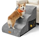 Scaletta per Cani 3 Gradini, Masthome Scala per Cani Antiscivolo in Spugna, Rampa Cane per Letto, Scale per Cuccioli, Gatti e Animali Anziani/Feriti, con Copertura Rimovibile e Lavabile, Grigio