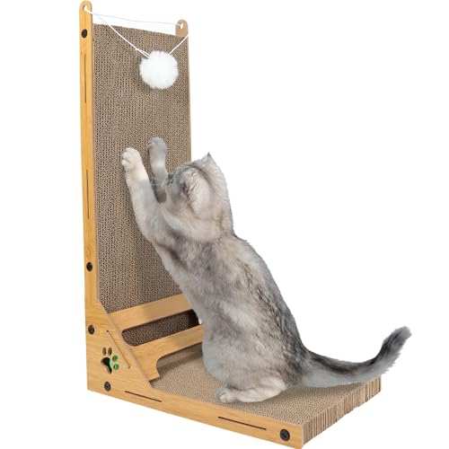 Productos para gatos 🐾😺 259 Rascador para Gatos en Forma de L con Juguete de Bola con Cascabel, Ideal para Gatos Grandes, Medianos y Pequeños, Dimensiones 24x40x60 cm