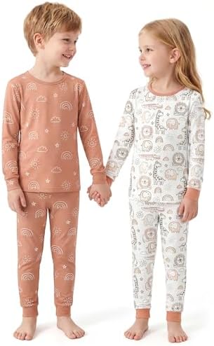 Yoofoss Toddler Pajamas Rayon Made from Bamboo 4 Piece Long Sleeve Pajama Set Kids Pajamas Boys Girls Snug Fit Pjs Set