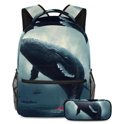 Cartable baleine marine rétro Anicient 5 pièces grand format pour la rentrée scolaire enfant