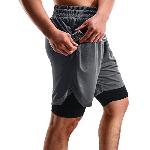 Fioneca 2 In 1 Mens Shorts Casual 2 Pack, Running Gym Shorts For Men 7 Inch, Workout Shorts Men With Pockets &Towel Loop -(Black&Dark Grey,L) #TOP4