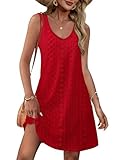 Swimsuit Coverup for Women Summer Dresses 2025 Loose V Neck Swing Tank Dress Sundresses with Pockets Eyelet Red L
