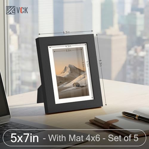 Image of VCK 5x7 Picture Frames, Black Wood,Glass,Photo Gallery Wall Frame Set of 5