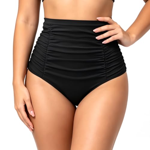 Image of Vicloon Women's High Waisted Bikini Bottoms, Tummy-Control Swimbottom Pleated Bikini Briefs, Black Swim Shorts for Women, High-Elasticity Skin-Friendly Fabric, for Water Activities, XL