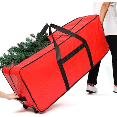 HOMEST Christmas Tree Storage Bag, Fits for 7.5 ft Xmas Artificials, Zippered Box with Reinforced Carrying Handles and Wheels, Red (Container Only) Cover