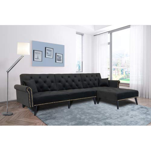 NOUVCOO Button Tufted Convertible Bed with 2 Pillows, Reversible Chaise, Sofa L Shape Sectional Couch Sleeper for Living Room Furniture, Black Velvet