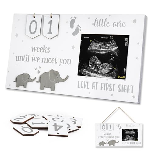 Glodecart Baby Sonogram Picture Frame for Gender Reveal Decorations, Baby Countdown Sonogram Frame for Expecting Mother's Day Pregnancy Gifts, Elephant Love At First Sight Frame Ultrasound