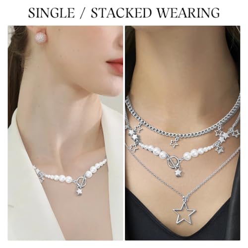 Image of SANNIDHI Pearl Necklace for Women Girls Gothic Rose Cross Pendant Chain Layered Necklace Stainless Steel Beads Choker Necklace Punk Aesthetic Necklace Jewellery Gifts for Women, Girls