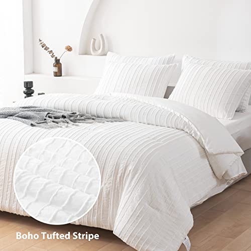 Warmdern White Twin Comforter Set Bedding Boho Comforter Sets Tufted Comforter Set Lightweight Striped Comforter All Season Down Alternative Comforter 5 Piece(Twin, White) #TOP1