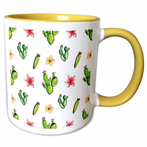 3dRose Flowering Cactus and Floral Pattern 11oz Two-Tone Yellow Mug