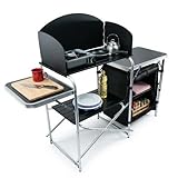 MoverX Portable Fold-Up Camping Kitchen with Windscreen, Pop Up Folding Camping Unit, Cabinet Outdoor 5 Shelf Aluminum Frame Portable for Garden Party Picnic, Supports 30kg