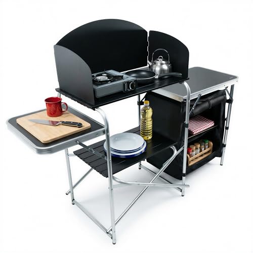 MoverX Portable Fold-Up Camping Kitchen with Windscreen Pop Up Folding Camping Unit Cabinet Outdoor 5 Shelf Aluminum Frame Portable for Garden Party Picnic Supports 30kg