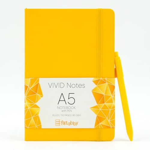 Image of Kitabby VIVID Notes A5 Hard Bound Notebook with Pen - Yellow | Elastic Band & Pen Loop, 192 Pages, 80gsm Natural Shade Paper, Polymer Coated Paper Cover