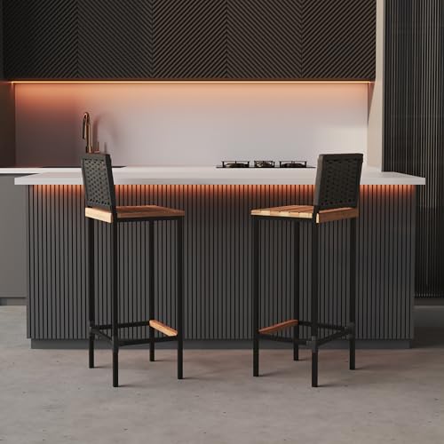 kit 2 Banqueta Alta em Aço com Assento de Madeira Maciça e Encosto de Junco