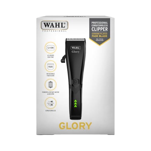 Image of Wahl Glory Professional Clipper, Cord /Cordless Operation, 6000 RPM Powerful Motor, Patented Blade with Integrated Adjustable Lever, Lightweight, Smart LED Indicator, 4.5 Hours Runtime, 2 Years Warranty, 02211-024