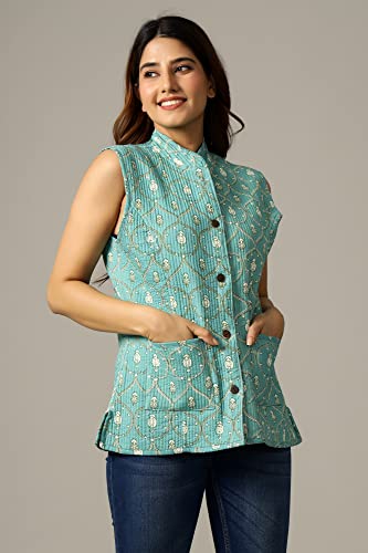 Image of Ravaiyaa - Attitude is everything Women's Floral Printed Reversible Quilted Jacket Coat Blazer Jacket Sleeve Less Waistcoat