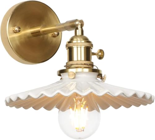 Lámparas de pared con interruptor, luces de pared de latón dorado ajustables, iluminación de lectura, apliques de pared con pantalla de cerámica blanca compatibles con el baño del dormitorio,Lujo