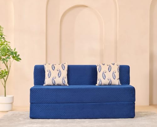 Image of uberlyfe Xtra High, Xtra Soft 3 Seater (5' x 6') Sofa Cum Bed | 1 Year Warranty | 17 inch Sofa Height | Queen Size Foldable Bed | Plush Laser Quilted Fabric | 2 Cushions Paisley Pattern | Deep Blue Color