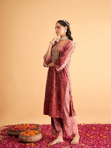 Image of Women's Velvet Floral Embroidered Straight Kurta | Round Neck Three-Quarter Sleeve Calf Length Kurti with Thread Work