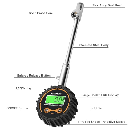 Semi Truck Tire Pressure Gauge Digital, Puibers Heavy Duty Tire Gauge 200 PSI Dual Head Chuck and Backlight LCD Display, Digital Pressure Gauge Certified ANSI B40.1 for Car, Semi Truck, SUV, Truck
