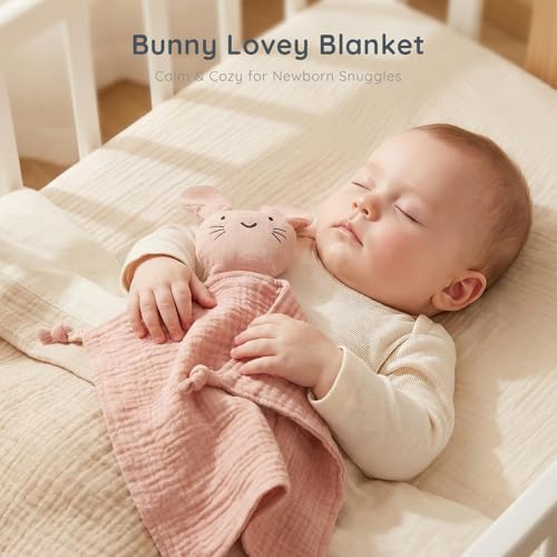 Image of Organic Cotton Muslin Bunny Lovey Blanket, Soft & Breathable Security Blanket for Newborns, Unique Baby Gifts for Boys and Girls (Bunny-Pink)