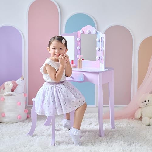 Image of Teamson Kids Gisele Medium Vanity with Stool, Purple, Ages 3+ | Stardust Print, LED Lights & Touch Sensor Mirror, Storage Drawer, Pretend Play, Elegant Dressing Table Set