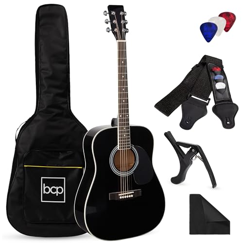 Best Choice Products SKY6094 41In Full Size Beginner All Wood Acoustic Guitar Starter Set W/Case, Strap, Capo, Strings, Picks - Black cover
