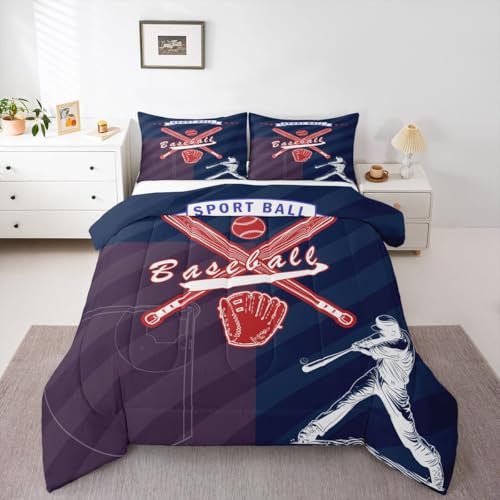 Image of Feelyou Boys Baseball Theme Comforter Set Toddler Size Baseball Player Bedding Set for Kids Boys Girls Sport Ball Duvet Quilt Navy Blue Bedroom Decor 2 Pcs with 1 Pillow Cases