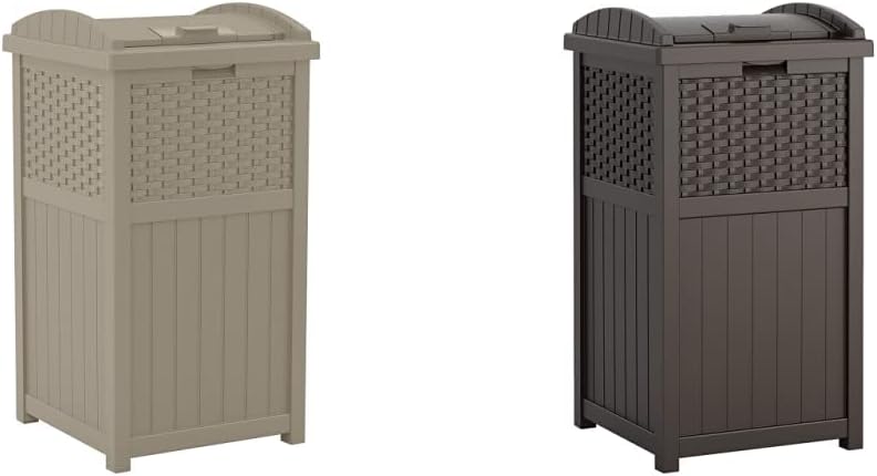 Suncast 33 Gal Hideaway Trash Can for Patio - Resin Outdoor Trash with Lid & 33 Gal Hideaway Can Resin Outdoor Trash with Lid Use in Backyard, Deck, or Patio, 33-Gal, Brown