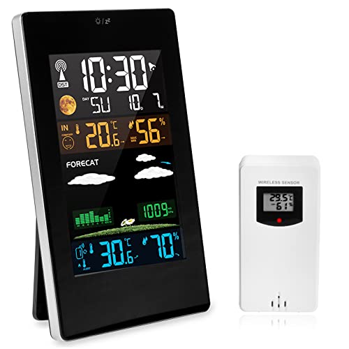 Wetterstation Funk mit Außensensor, Digital Farbdisplay Wetterstation DCF Funkuhr Multifunktionale Funkwetterstation mit Wettervorhersage, Regenmesser, Thermometer Hygrometer, Wecker und Beleuchtung Cover