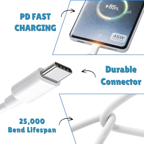 Image of AINE 45W USB Type C To C PD Charging Cable (White) | Compatible for Pixel 10 Pro XL /10 /10a /9 Pro /9a /8 Pro /8 /7 Pro /7 /7A /6 Pro /6 /6a /5, Laptop /Tablet | Original Superfast Charge