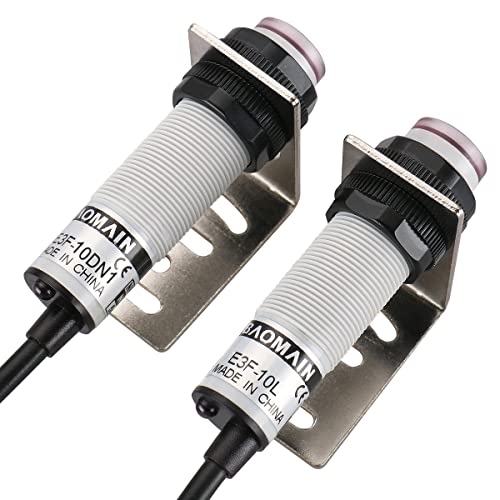 Baomain 1 Pair M18 Infrared Ray Through-Beam Reflection Optical Photoelectric Sensor Switch E3F-10DN1/E3F-10L NPN NO 10-30VDC Sensing Distance 10m 3 Wires with Mounting Bracket
