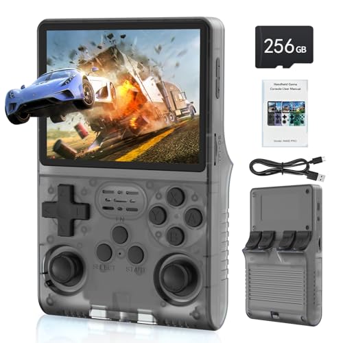 FVBADE[30000 in 1] R40S PRO Handheld Game Console 3.5 inch IPS Screen Mini Retro Console 3800mAh Portable Pocket Arcade 45+ Mainstream Emulator 256G TF Card Transparent.(Black)
