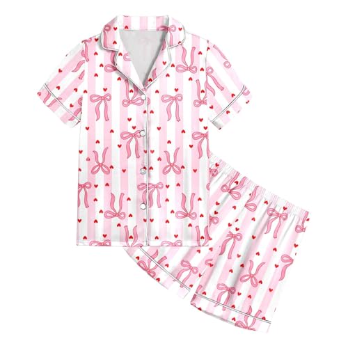 Image of Valentines Pajamas For Women Short Sleeve 2 Piece Set Valentine Day Outfit Bow Heart Print Button Soft Sleepwear