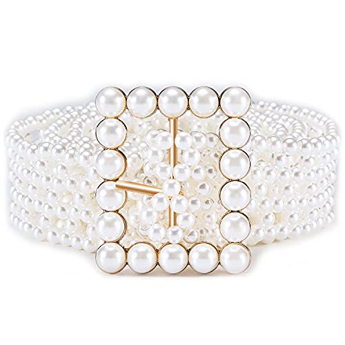 Barry.Wang Bat Belt X Ratchet Buckle,Genuine Leather Adjustable Casual 1 3/8" Women Fashion Wedding Sash Dress Pearls Belt Square Buckle Elastic Waist Chain4