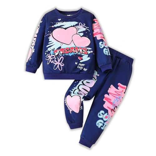 Image of Kids Toddler Girl Clothes Heart Letter Print Long-sleeved round collar top+Letter Print Pants Outfits Set