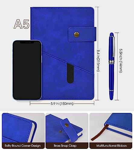 Image of Lined Journal Notebook with Pen, A5 Personalized Hardcover Leather Journal for Men Women, 200 Pages 100 GSM Thick Paper College Ruled Notebooks for Work Travel School Writing Diary 5.9 inch X 8.4 inch Navy