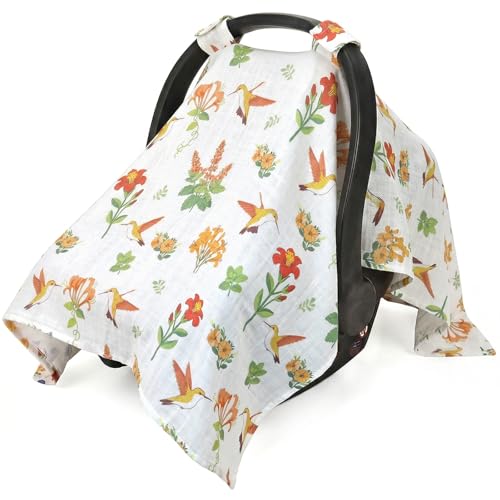 Image of Metplus Car Seat Cover Baby, 100% Muslin Cotton Infant Carseat Covers for Boys and Girls, Lightweight Breathable Canopy, Summer Stroller Sun Shade, Newborn Travel Essentials(Hummingbird)