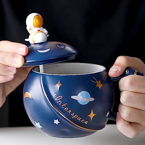 Image of BonZeal Birthday Gift for Boys Girls Ceramic Space Mug Blue Astronaut Mug Coffee Mug with Lid Birthday Gift for Kids Children Friends Return Gifts for Birthday Mugs for Coffee Mugs and Cups 400 ml