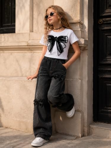 Image of Azmxynol Tween Girl Clothes Short Sleeve Top + Butterfly Design Jeans 2 Pieces Spring Summer Outfit Set, Size 6-16 Years